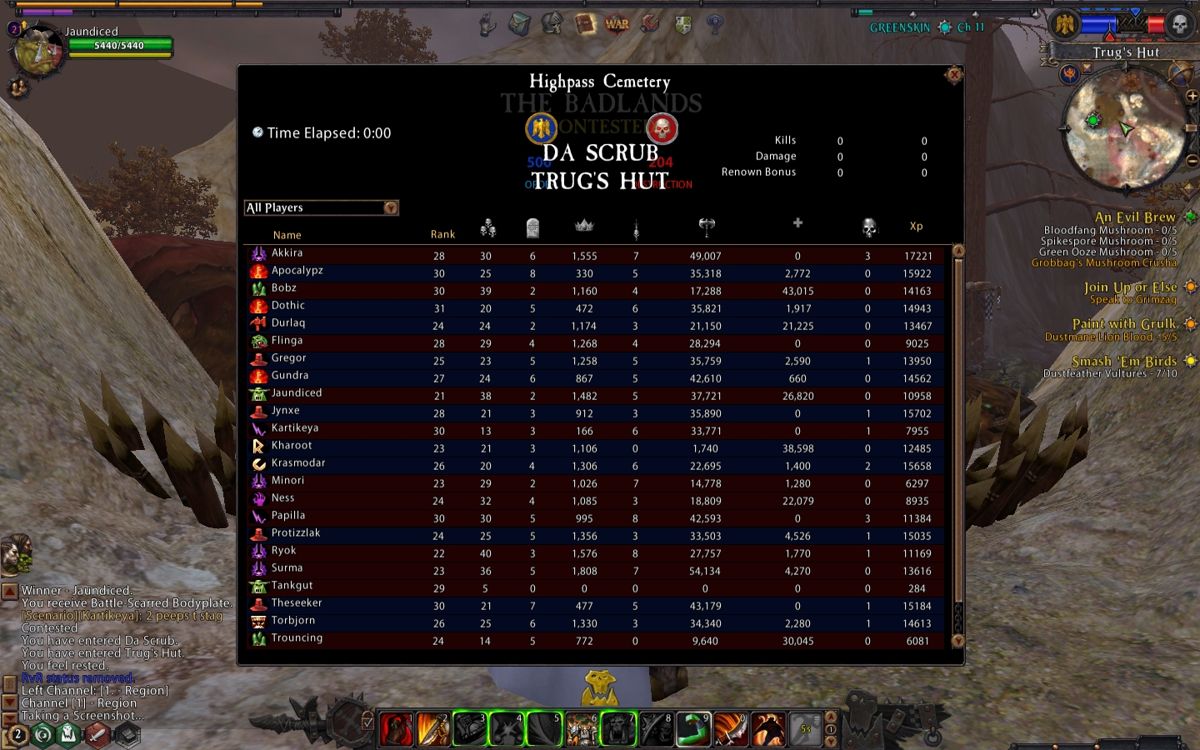 Warhammer Online: Age of Reckoning (Windows) screenshot: Notice, "Jaundiced", level 21. Compare level to damage done... WAY overpowered class.