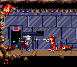 Spirou (Genesis) screenshot: As with the over boss battle, all you need to do is shoot. Forget all your tactical schemes and boss patterns.