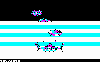 Galactic Conqueror (DOS) screenshot: Phase 1: Ground combat. The Thunder Cloud II can turn left and right to dodge enemies.