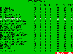 Match of the Day (ZX Spectrum) screenshot: The green icon (middle of 3rd row down) shows the teams position in the league