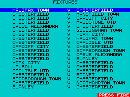 Match of the Day (ZX Spectrum) screenshot: The blue icin, (3rd row down on the right) brings up the fixtures list