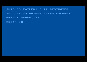 Shootout at the OK Galaxy (Atari 8-bit) screenshot: Game over - shields failed