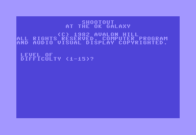 Shootout at the OK Galaxy (Commodore 64) screenshot: Title / Skill level
