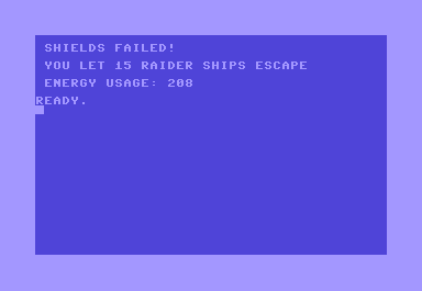 Shootout at the OK Galaxy (Commodore 64) screenshot: Game over - shields failed