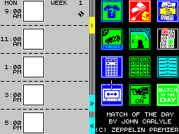 Match of the Day (ZX Spectrum) screenshot: The game starts with the managers diary. icons are selected, then placed into the time slots in the book