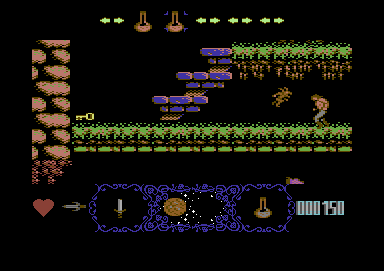 Moonshadow (Commodore 64) screenshot: The key is guarded by jumping monsters.