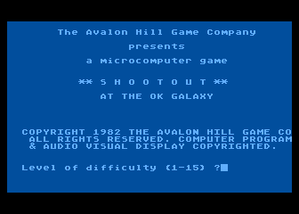 Shootout at the OK Galaxy (Atari 8-bit) screenshot: Title / Skill level