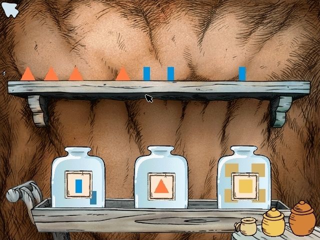 Disney's Winnie the Pooh: Kindergarten (Windows) screenshot: Shape Sorting: Put the each shape into the right bottle