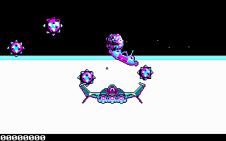 Galactic Conqueror (DOS) screenshot: Enemies vary slightly from mission to mission; the main forces are meteoroids, mines and light fighters.
