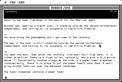 Border Zone (Macintosh) screenshot: Reviewing the lavatory