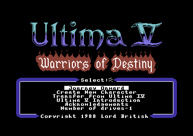 Ultima V: Warriors of Destiny (Commodore 64) screenshot: Main menu