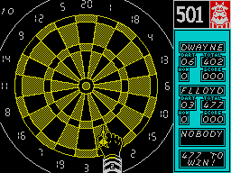 Bully's Sporting Darts (ZX Spectrum) screenshot: Playing 501. the third player has not been registered so it's just Dwayne & Flloyd. I like the way the icon over the scoreboard changes to reming you what game you're playing.