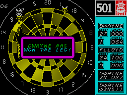 Bully's Sporting Darts (ZX Spectrum) screenshot: Playing 501 - Dwayne has won a leg. The end of match message is practically identical
