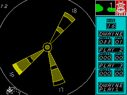 Bully's Sporting Darts (ZX Spectrum) screenshot: As the game progresses the numbers that have been hit, holes that have been played, are removed from the board