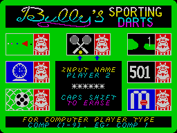 Bully's Sporting Darts (ZX Spectrum) screenshot: Use the left / right keys (O/P) rotates the games around the blackboard. The game at the top is the game that will be selected when 'FIRE' is pressed