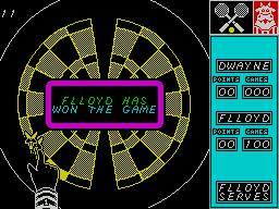 Bully's Sporting Darts (ZX Spectrum) screenshot: This is the end of one game. A full set takes a long time. Best of three sets takes a very long time