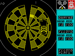 Bully's Sporting Darts (ZX Spectrum) screenshot: Here a 'ball' has been hit and it's on the receivers side. The highlighted bed musy be hit in order to return the ball