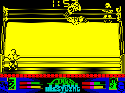 American Tag-Team Wrestling (ZX Spectrum) screenshot: He's got me down. Once down the object seems to be to jump on your opponent as often as possible. This reduces their stamina / health bar