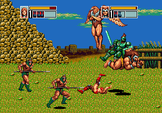 Golden Axe III (Genesis) screenshot: Vast Field: example of a two-plater teammove; Tyris launching the barbarian