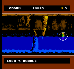 David Crane's A Boy and His Blob: Trouble on Blobolonia (NES) screenshot: As a bubble, the blob allows the boy to swim through otherwise deadly water ...