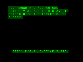 Shootout at the OK Galaxy (TRS-80 CoCo) screenshot: Game over - energy depletion