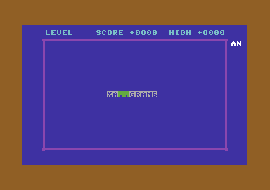 Xanagrams (Commodore 64) screenshot: The game's title screen, the game builds the titles from the stack of letters on the right just as the player will do during the game