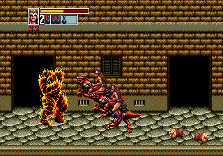 Golden Axe III (Genesis) screenshot: Cursed City: set on fire by a red dragon, those pieces of meat restore your health