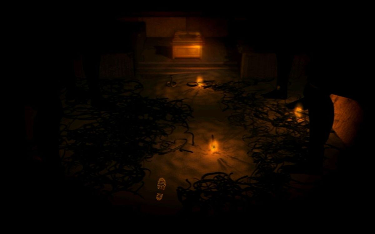 Indiana Jones: DVD Adventure Game (DVD Player) screenshot: The Holy Grail challenge is based on an event in the film 'Raiders of the Lost Ark', the player must navigate a path through the snake covered temple floor