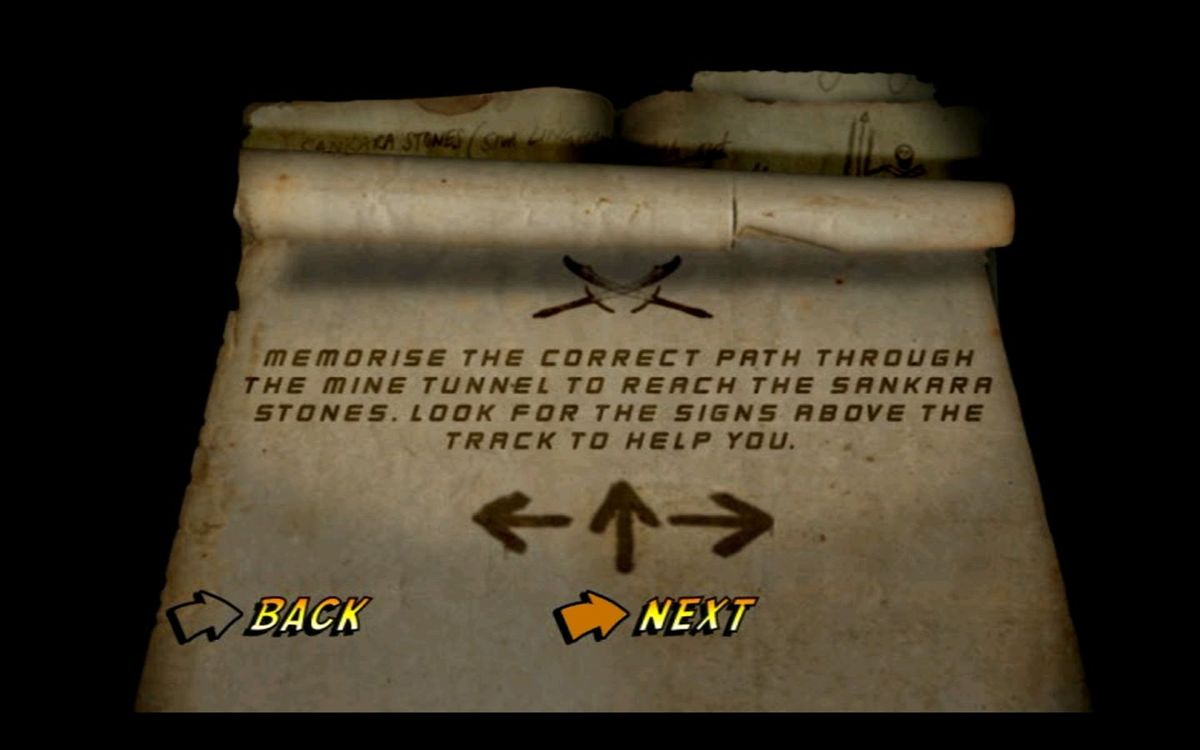 Indiana Jones: DVD Adventure Game (DVD Player) screenshot: The first sheet of instructions for the mine cart race which is the Stones of Sankara challenge
