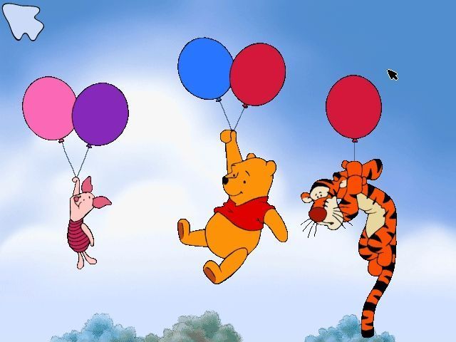 Disney's Winnie the Pooh: Toddler (Windows) screenshot: Piglet's game: Pooh is stuck high in the air so his friends come up the help him. Now they're all stuck. Burst the balloons to help them get down<br>DO NOT TRY THIS AT HOME