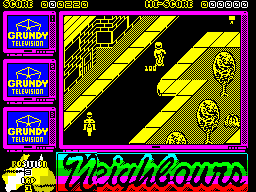 Neighbours (ZX Spectrum) screenshot: There are bonus points to pick up for hitting targets / ramps. Pedestrians try to get in the way and should be avoided