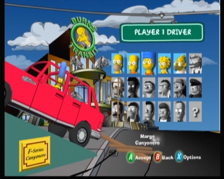 The Simpsons: Road Rage (Xbox) screenshot: Selecting a driver to play as.