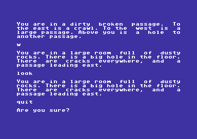 Adventure 1 (Commodore 64) screenshot: Leaving the game is easy, just type QUIT. EXIT may just take you out of the building, (it did when I used it but it mat be a location dependent action)