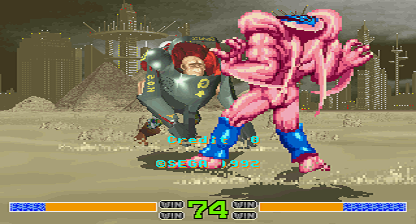 Dark Edge (Arcade) screenshot: Demo Goliath vs Blood