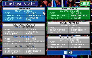 Championship Manager (DOS) screenshot: The entire staff is listed here. You can fire from this screen.