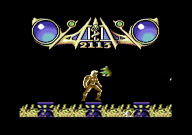 Savage (Commodore 64) screenshot: The pillars begin to sink when you stand on them.