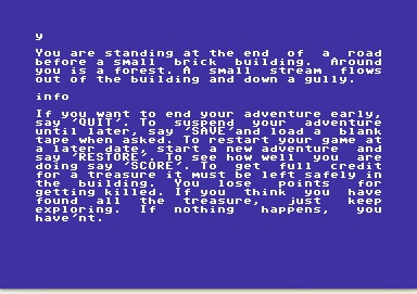 Adventure 1 (Commodore 64) screenshot: The INFO command shows the help screen. This is all the help the player gets