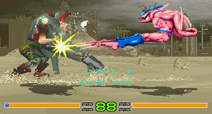 Dark Edge (Arcade) screenshot: Demo Goliath vs Blood kick