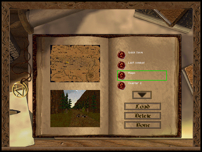 Betrayal in Antara (Windows) screenshot: Every saved mission contains a small picture to help you with a selection.