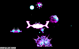 Galactic Conqueror (DOS) screenshot: The Thunder Clouds shield glows when hit. The PC CGA port lacks the damage bar of the other version.
