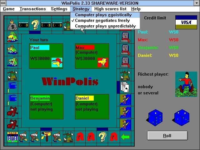 WinPolis (Windows 3.x) screenshot: Setting the style of the computer opponent