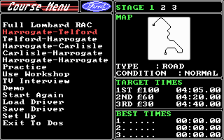 Lombard RAC Rally (DOS) screenshot: Main menu/Course selection