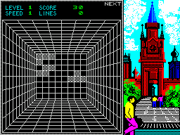 Welltris (ZX Spectrum) screenshot: Block 3 has been turned and is being steered into position