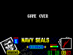 Navy Seals (ZX Spectrum) screenshot: There's loads of bad guys. They are hard to hit. I'll be seeing this screen a lot.