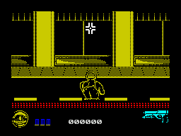Predator 2 (ZX Spectrum) screenshot: The start of the game. The outlined figure is officer Harrigan