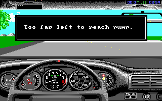 The Duel: Test Drive II (DOS) screenshot: Another way to miss the gas station (EGA)