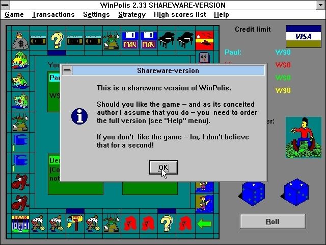 WinPolis (Windows 3.x) screenshot: The shareware version of the game starts up with three nag messages, this one followed by two more detailing ways to buy the game