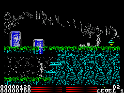 Stryker in the Crypts of Trogan (ZX Spectrum) screenshot: Screen 6. Escaped the underground bit. Landed on the gem thing. Got no points and no health. Perhaps it's a switch.