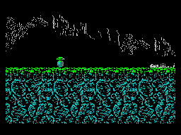 Stryker in the Crypts of Trogan (ZX Spectrum) screenshot: The start of the game. Stryker is being dropped into the cavern. There's a skull to the left that's not good news, and a green thing that can be collected