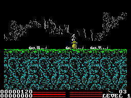 Stryker in the Crypts of Trogan (ZX Spectrum) screenshot: The yellow thing just restored my health